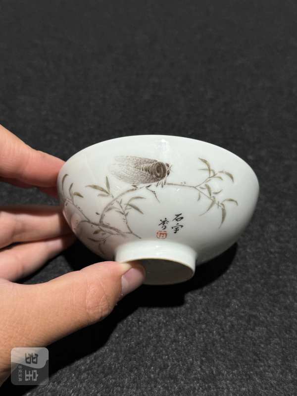 清晚期 石宇初绘墨彩鸣蝉图茶圆 - 图2